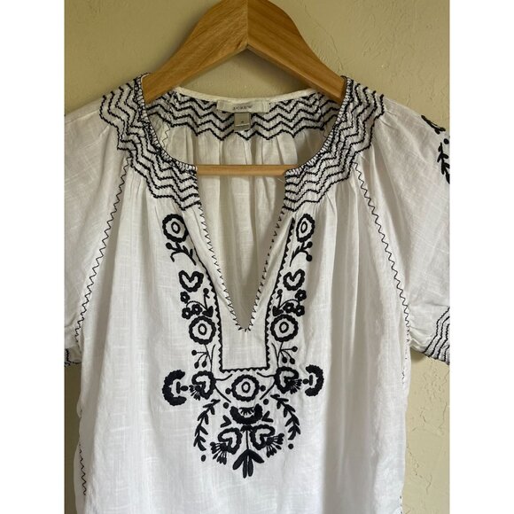 J. Crew Size 4 Cream Black Embroidered Peasant Top 46815 100% Cotton Short Sleev - Picture 3 of 6